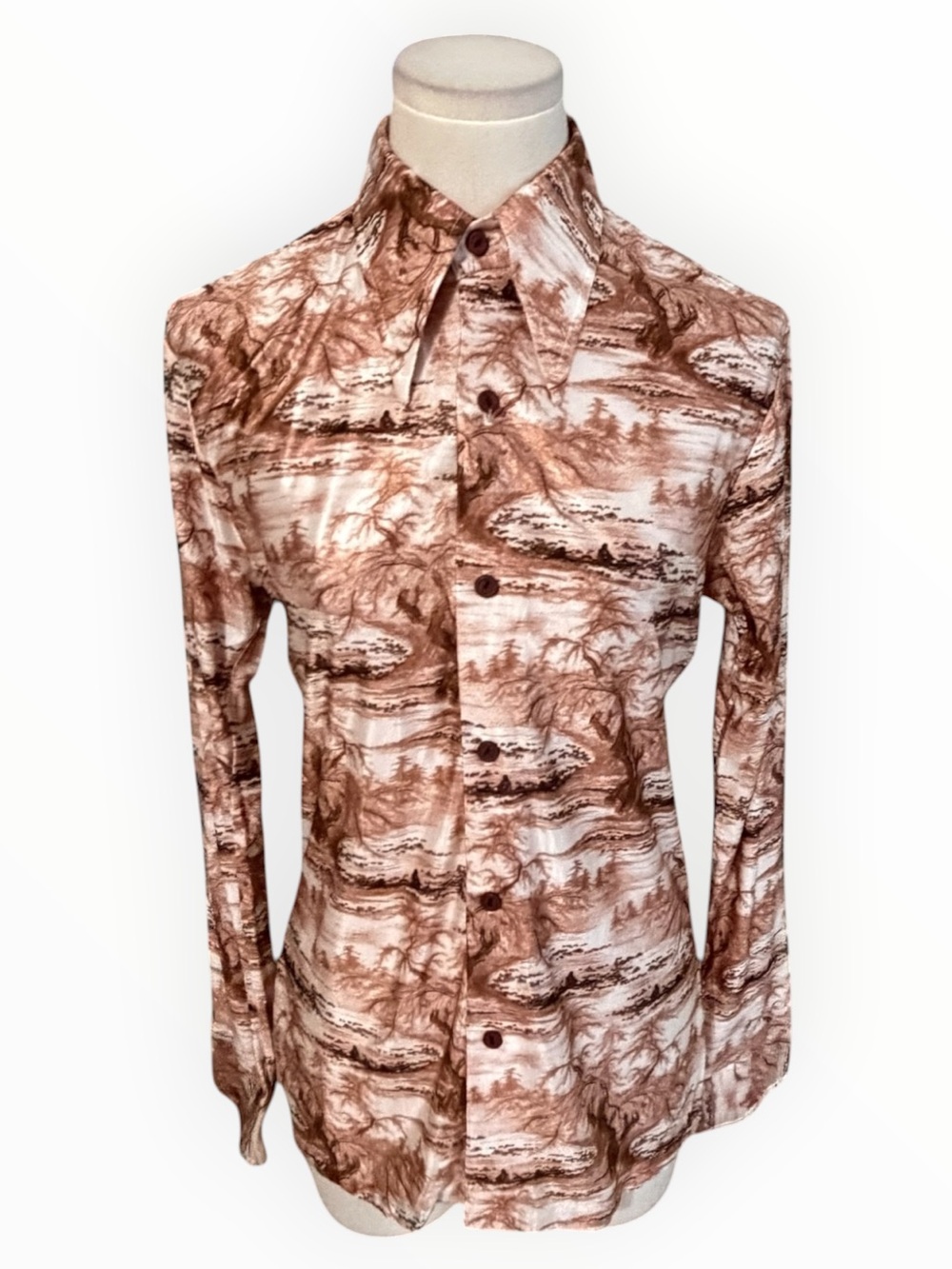KENNINGTON Vintage Brown Scenic Print Button Down Shirt S 70’s Dsico Rockabilly